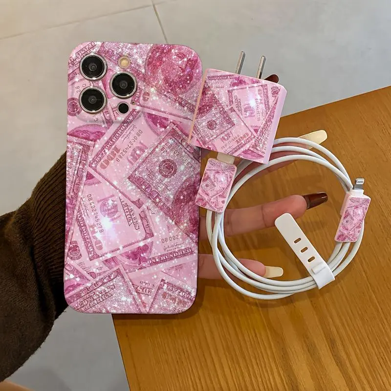 Pink Money Pattern Phone Case with Charger Head Cover & Cable Protector & Storage Rope, Anti-drop Phone Case for iPhone, Casing