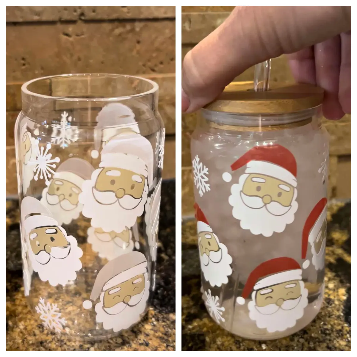 16 oz Color Changing Christmas Santa Glass Cup with Bamboo Lid - Pint Beer Glass - Color Changing Vinyl  Cup -  Gift Drinkware Tumblers