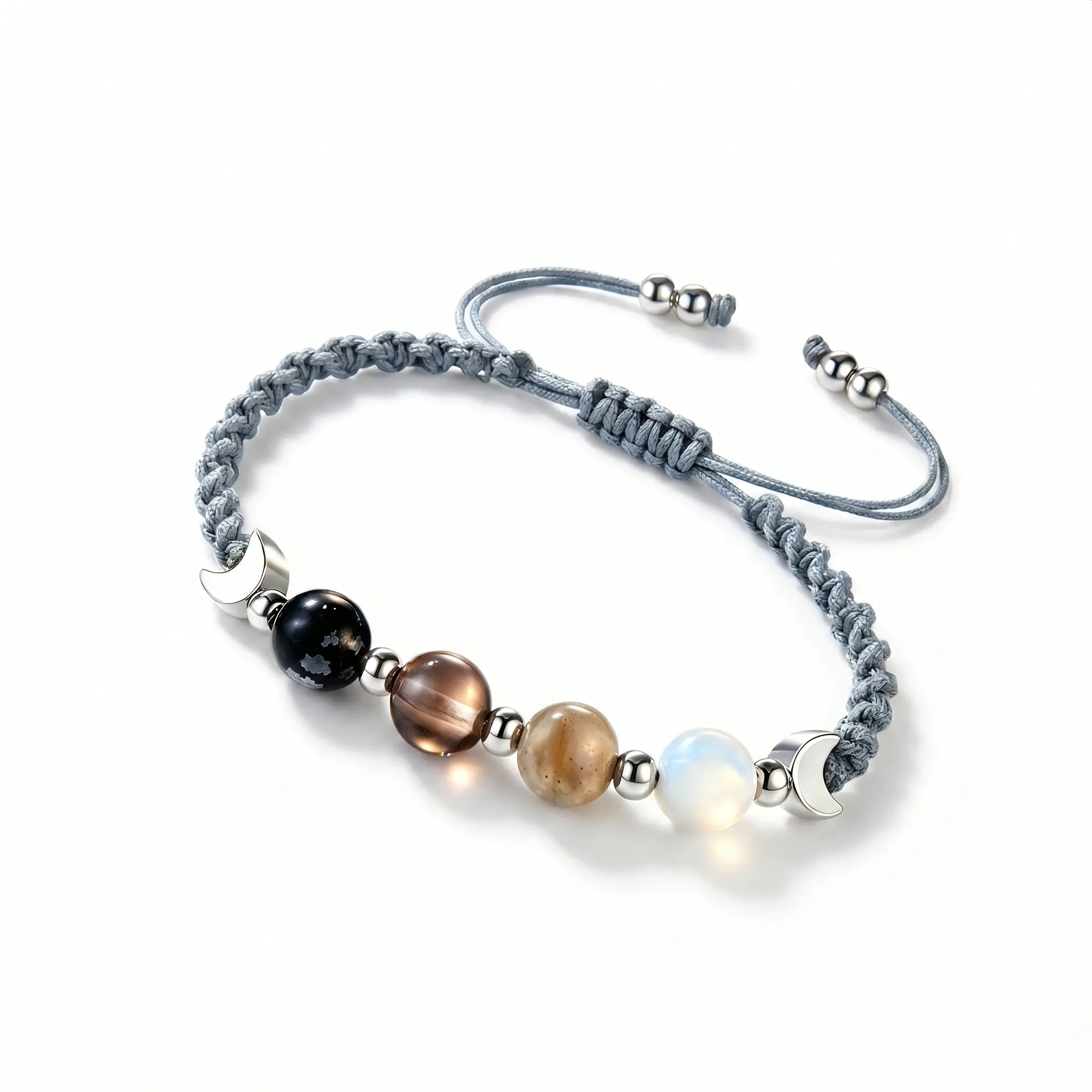Women's Adjustable Knot Crystal Beads Bracelet - Dark Gradient Moonstone, Obsidian, Labradorite, Celestial Moon Charms, Witchy Witchcraft Aesthetic, Comfortable Everyday Wear, Unisex Fit, Moonstone Crystals