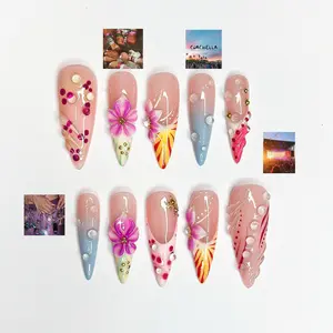 2026 Festival Trend: Hibiscus Tropical Nails | Sunset Glow Pink &Orange Ombre Nails|Flower Press Ons |Water Drop Summer Vacay Nails
