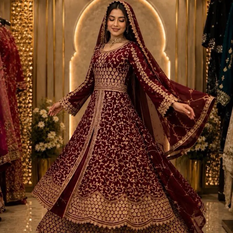 This image shows a green designer heavy embroidered bridal lehenga or Anarkali suit suited for traditional Indian weddings. Womenswear