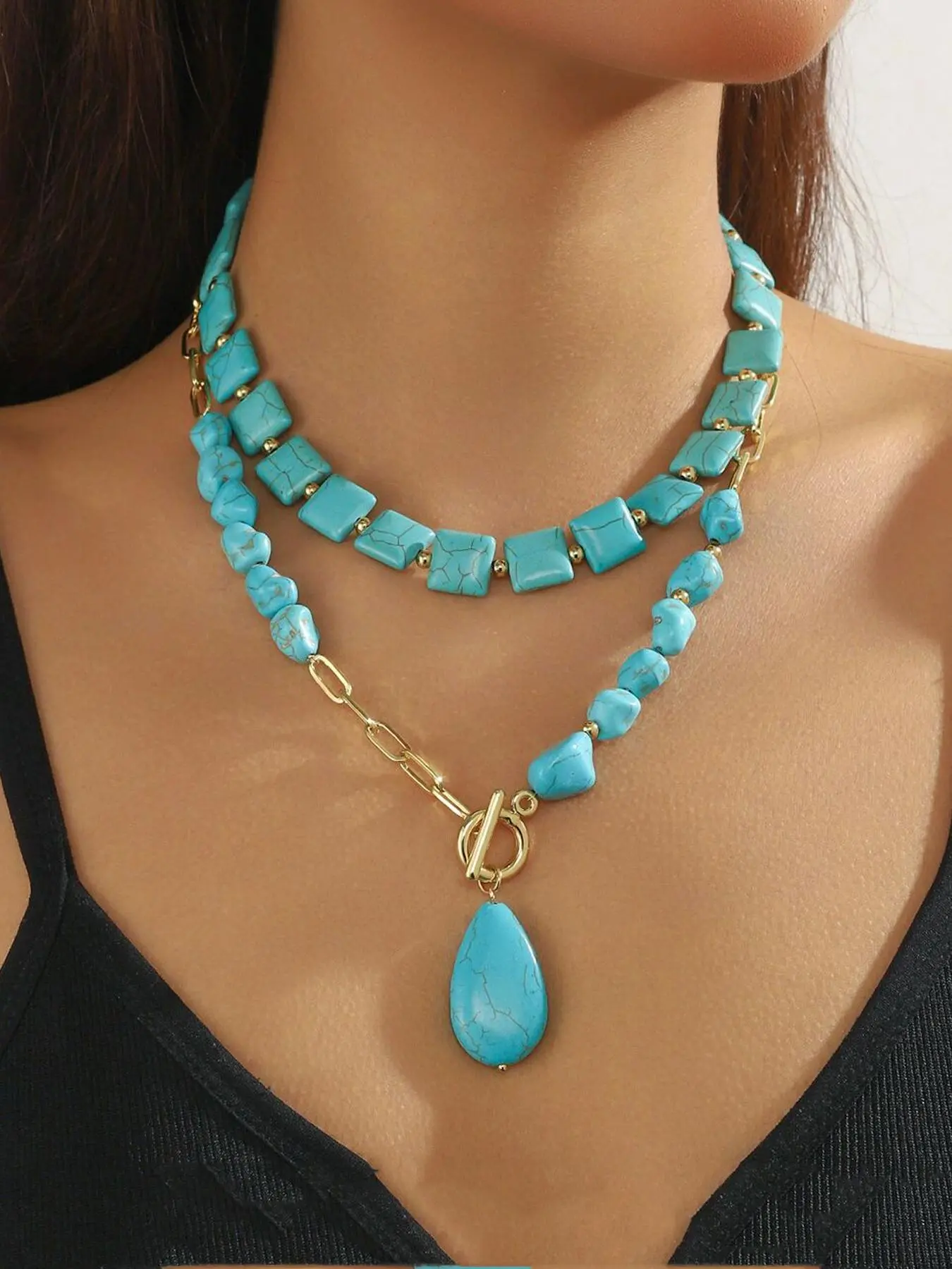 Turquoise Decorated Necklace for Women, Charms Necklace, Boho Style Jewelry for Party, Daily Clothing Decor, Trendy All-match & Exquisite Jewelry for Birthday Gift, Trendy Charm Necklaces, Fashion Jewelry Party, Decorative Necklace