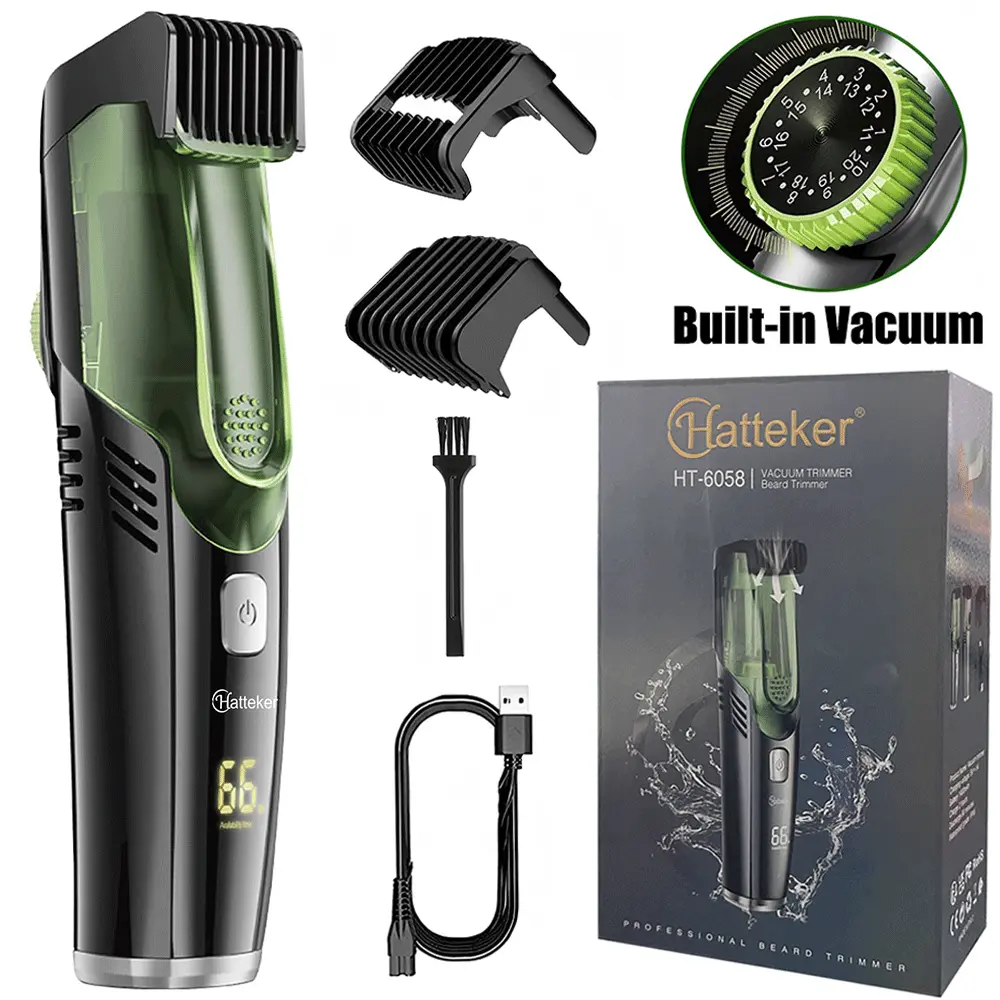 HATTEKER Cordless Beard Trimmer Kit for Men with Built-in Vacuum, IPX7 Waterproof Facial Hair Groomer with Long Lasting Rechargeable Battery & LED Display for Precise Styling, Batteries, Hair Styling, Stubble, Built-In Vacuum Clipper, Washable, Wireless