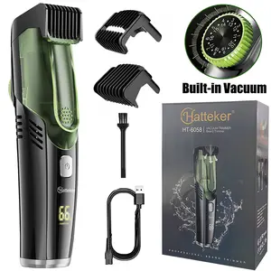 Vacuum Beard Trimmer IPX7 Waterproof Cordless Barber Clippers Rechargeable Electric Beard Cutting Kit with Adjustable Length Comb & Built-in Vacuum for Sideburns Stubble Steel Smooth Gift