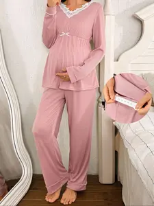 Women's Autumn Winter Maternity Sleepwear Set, Embroidered Lace V-Neck Elastic Waist Casual Long Sleeve Pants Two-Piece Suit Maternity Clothing