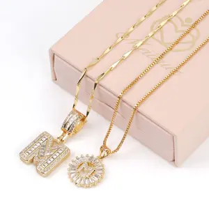 2 Pack Initial Letter Pendant Necklaces with Zircon Stones for Women, 14K Gold Plated Alphabet Necklace, Fashion Jewelry for Parties & Birthdays, Personalized Jewelry Gift Jewellery