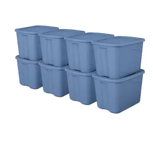 Large Storage Bin, 18 Gallon Plastic Storage Tote with Snap-on Lid, Light Blue, 8 Pack