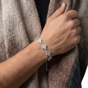 Pure Silver 925 6 Clovers White Zirconia Bracelet Fine Silver 925 6'' 1/2 to 9''1/2