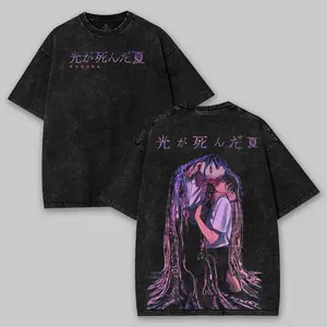Yoshiki x Hikaru The Summer Hikaru Died Washed T-shirt,  Casual Short Sleeve Shirt, Unisex Acid Washed Lightweight Cotton T-Shirt, Gift For Anime Fan, Anime Lover Fabric Menswear Top Seamless