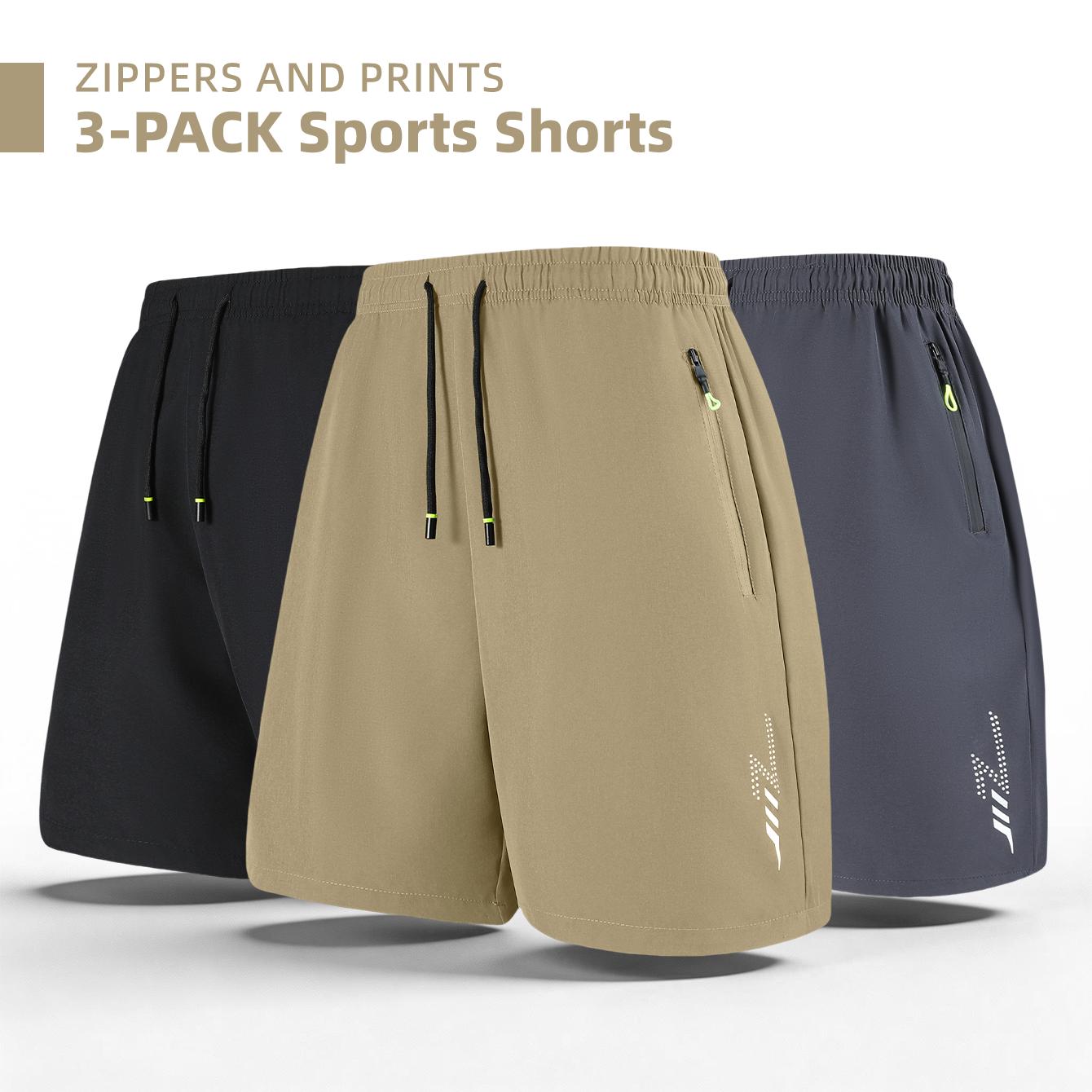 Men's 3-Pack Zipper Pocket Sports Shorts, with Reflective Prints, Drawstring Elasticated Waist, Zipper Side Pockets, Casual Shorts for Both Sports and Daily Wear