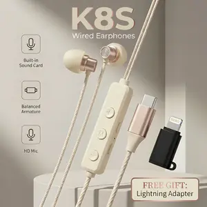 K8S Professional K-Song Wired Earphones with Built-in Sound Card, Balanced Armature Unit, HD Mic, Type-C & Lightning Compatible