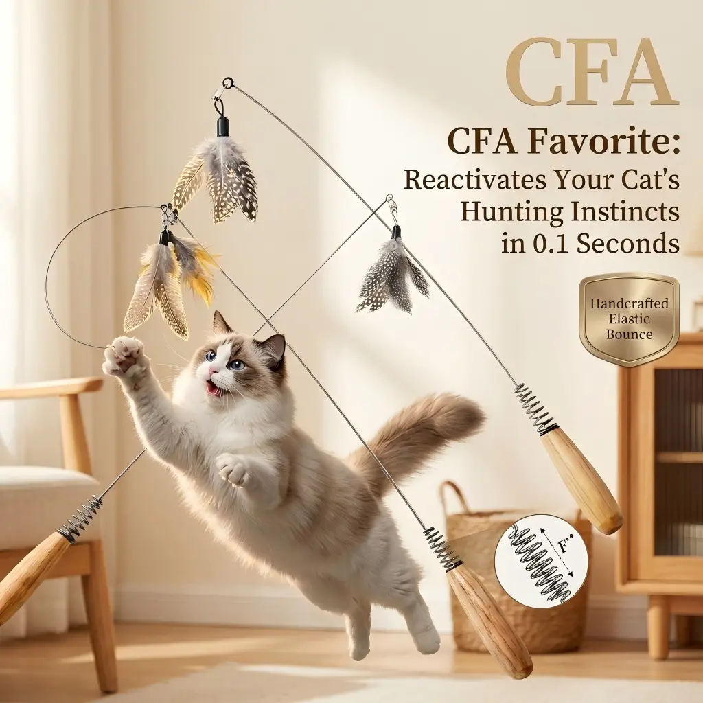 Cat Wand Toys, Interactive Cat Toys with Feather Refills, 20'' Flexible Steel Wire, Sturdy Wood Handle & Bell for Kitty Kitten, Cat Toys for Indoor Cats Teaser Cat String Toy, Sustainable Wooden Handles