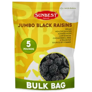 Sunbest Natural Jumbo Black Raisins – 5 Pound Bulk Bag (80 oz) Naturally Sweet Dried Fruit – California Dried Grapes for Trail Mix, Salads & Snacking – Non-GMO, Vegan & Kosher