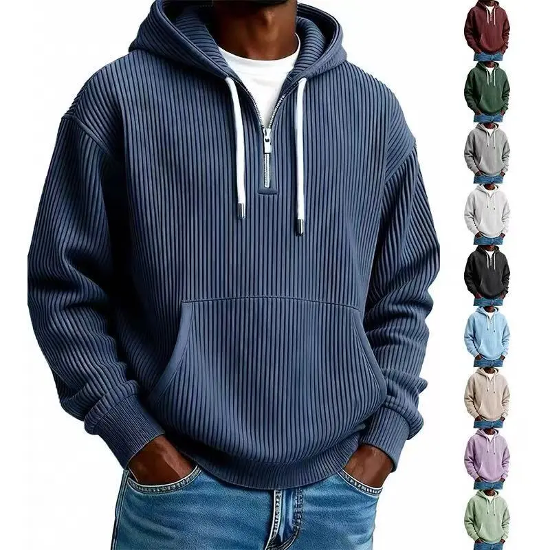 Men's Thick Corduroy Pullover Hoodie, Plain Long Sleeve Polyester Top for Casual Menswear and Outdoor Sports, Fabric