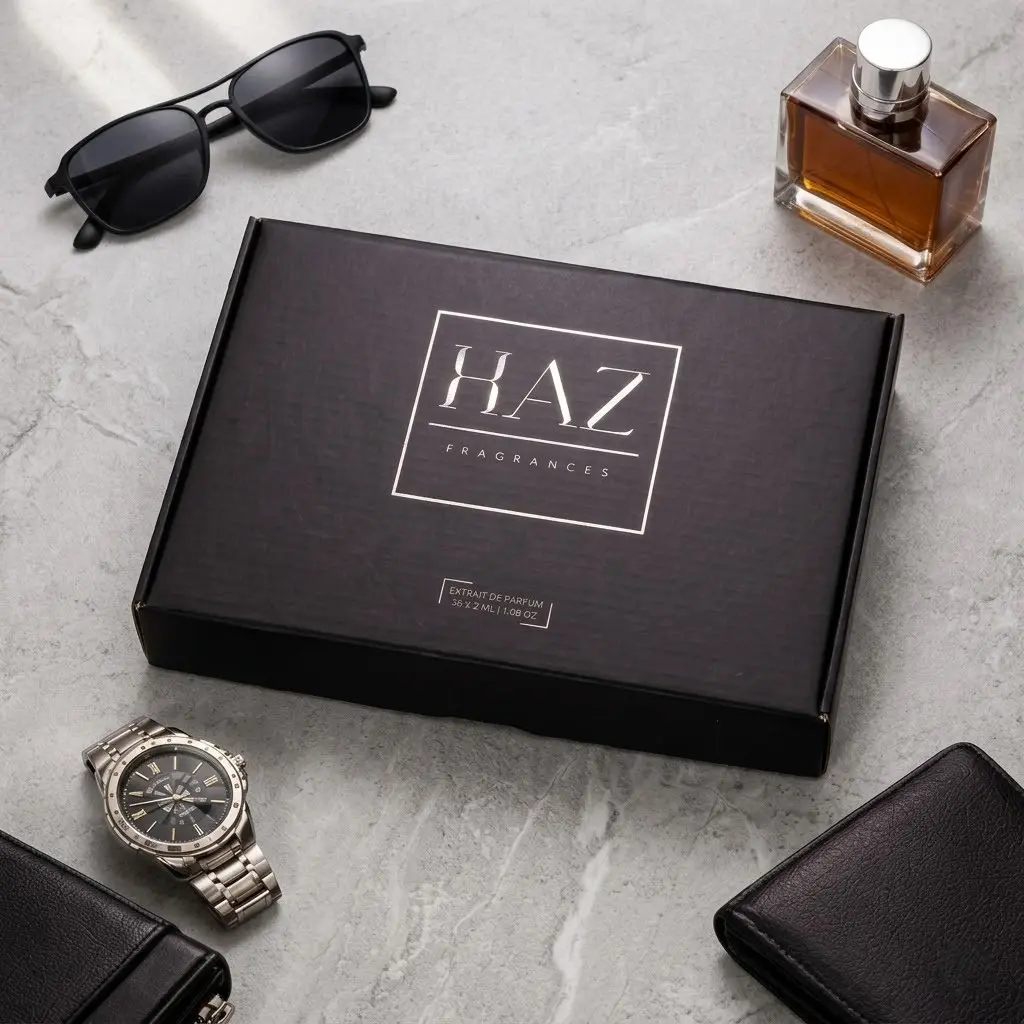 HAZ Men's Extrait de Parfum Sample Box - Sweet, Citrus, Wood & Amber Warmth Notes, Bold Aroma Box Fragrance Set