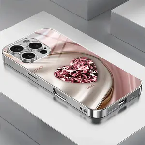 Pink Heart-shaped Diamond Ripple Pattern Electroplated Glass Phone Case, Suitable for iPhone 16/16 Plus/16 Pro/16 Pro Max/15/15 Plus/15 Pro/15 Pro Max/14/14 Plus/14 Pro/14 Pro Max/13/13 Pro/13 Pro Max/12/12 Pro/12 Pro Max/11