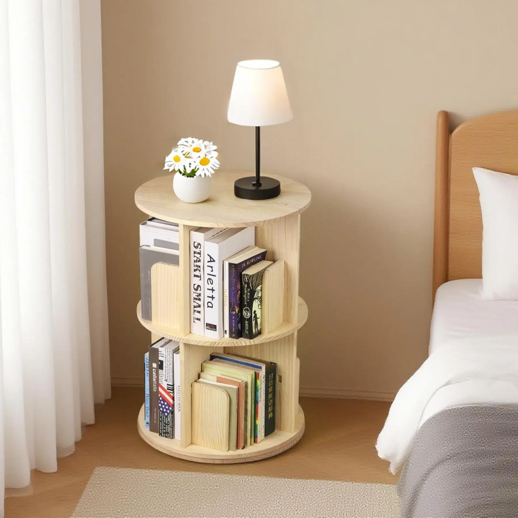 NewChoiceDeal 360° Rotating Solid Pine Wood 2-Tier Corner Shelf - Holds 100lbs, Space Saving, Small Round Storage & Display Shelf, Indoor Furniture with Assembly Guide for Living Room, Office