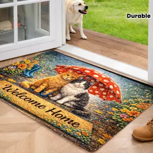 Cute Cats Umbrella Welcome Home Doormat Flannel Mat With Non Slip Rubber Bottom Durable Stain Resistant Machine Washable Multipurpose Rug Perfect For Indoor Outdoor Entry Kitchen Bedroom Bathroom Balcony Corridor Porch Home Decor Non-Slip Stair Treads