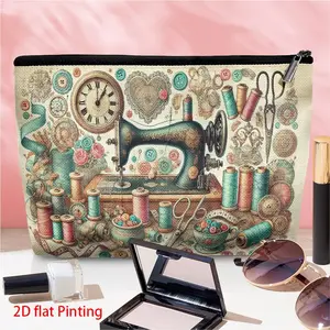 1pc Sewing Time Palette Portable linen cosmetic bag, exquisite printed cosmetic storage bag, Travel Cosmetic Pouch With Secure Zipper, Lightweight Multi-functional Toiletry Organizer for Women