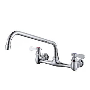 WOWOW Commercial Double-Handle Wall-Mounted Standard Kitchen Faucet - Solid Brass Construction, 14-in Swiveling Spout, Polished Chrome Finish, Precise Water Control