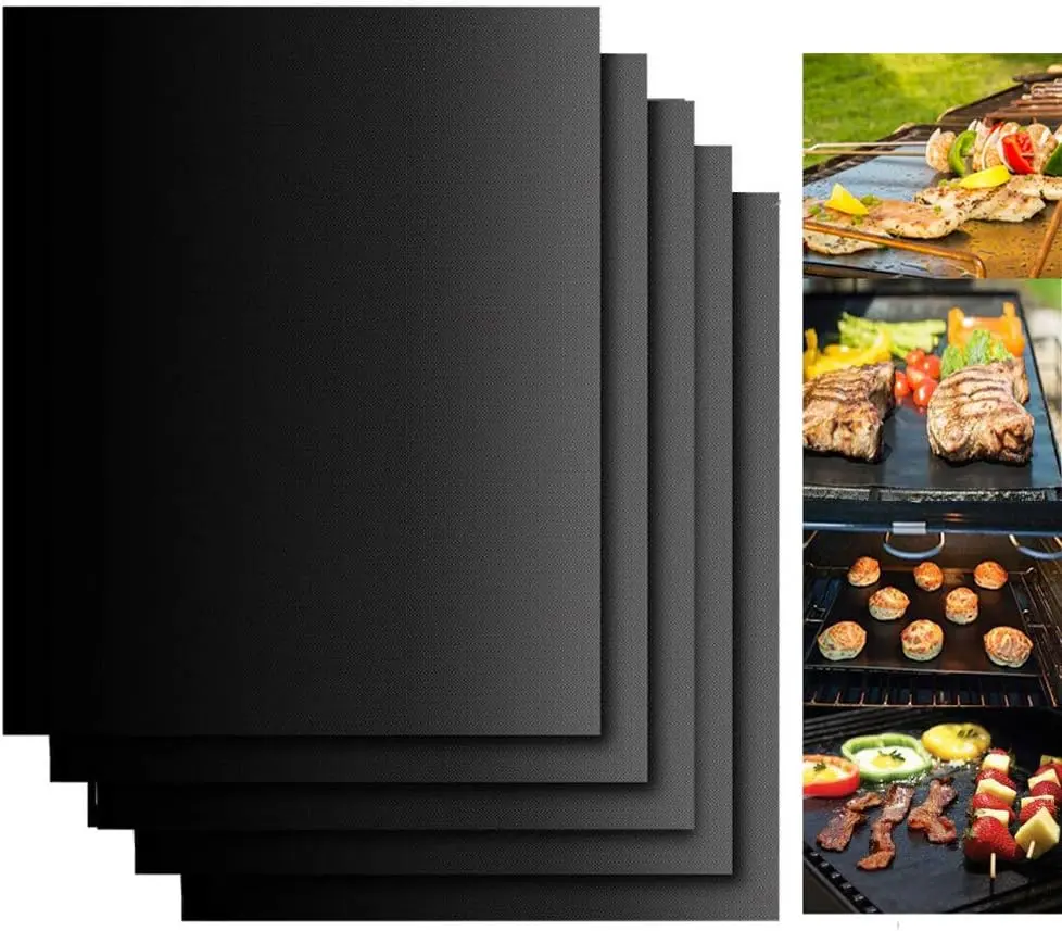 Grill Mats for Outdoor Grill, Grill Mats Non Stick Set of 5 BBQ Grill Mat Baking Mats Teflon BBQ Grilling Accessories Reusable,Works on Gas, Charcoal, Electric Grill 15.75 x 13-Inch, Black