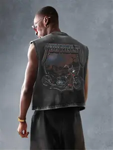 Men's Regular Fit Motorcycle & Letter Print Waistcoat Vest Jacket, Casual Denim-effect Print Sleeveless Outerwear for Summer, Fashion Men's Clothes for Daily Wear, Tops, Menswear