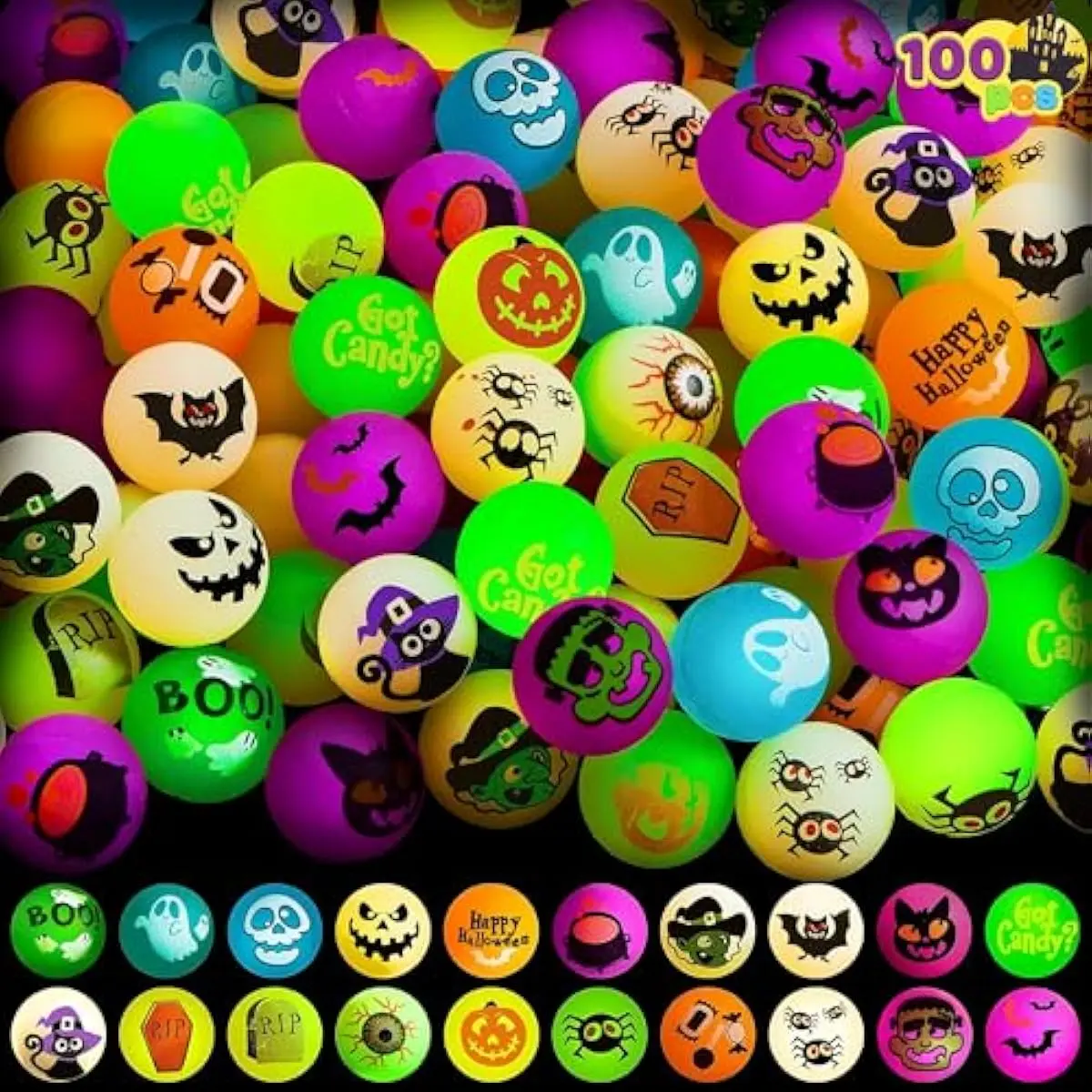 100 PCS Halloween Glow in The Dark Bouncing Balls, 20 Designs Halloween Theme Glowing Bouncy Balls for Halloween Party Supplies, Party Favors, Trick or Treating Goodies