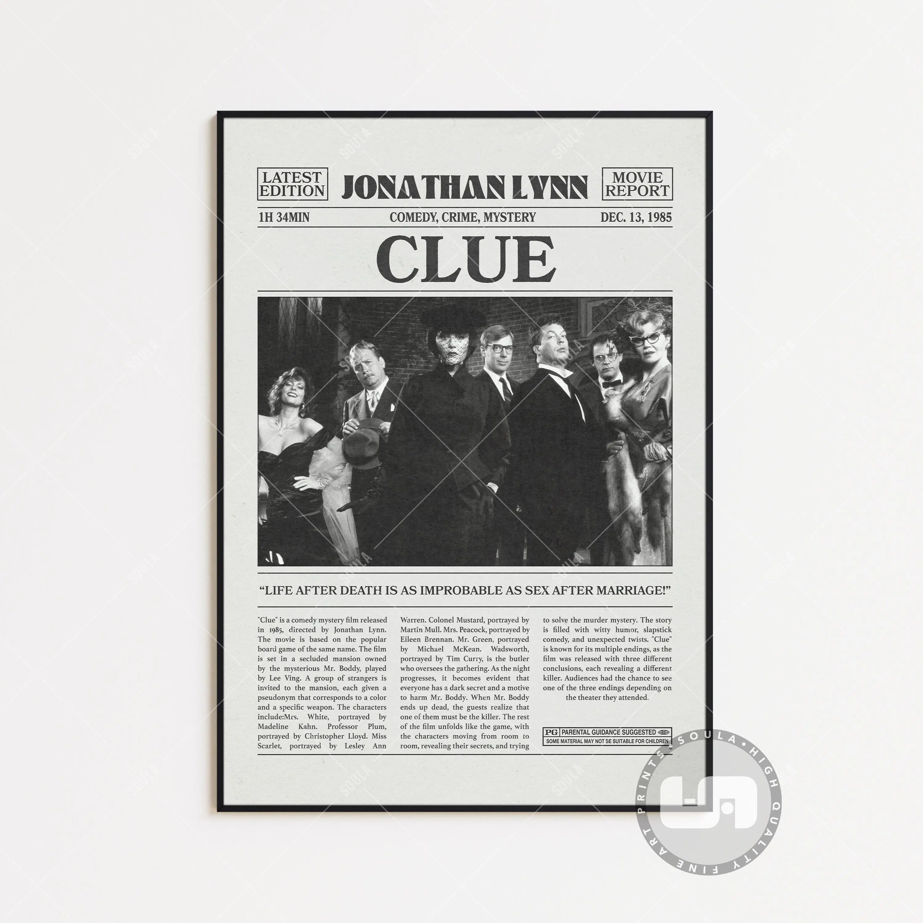 Clue, Jonathan Lynn, Movie Poster No Frame, Retro Newspaper, Black White Wall Art, Vintage Retro Art Print, Custom Movie Poster
