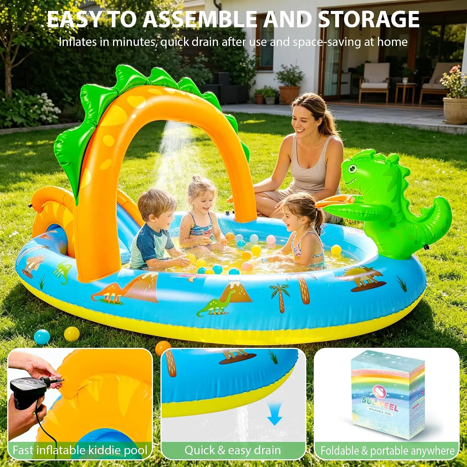SULIFEEL 2026 Inflatable Dinosaur Kids Play Center Pool 96"x59"x39" Slide Sprinkler Backyard Splash Pad For Toddlers