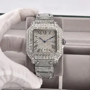 The Fully Iced Square Watch, Hand-Set Crystals, Roman Numeral Dial, Stainless Steel Band, A Signature Piece for Bold Style