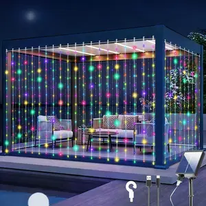 Upgraded Solar Curtain Lights 300 LED Outdoor Waterfall String Lights Waterproof 8 Modes Remote Type C Charging Hanging Twinkle Fairy Lights Dimmable for Christmas Gazebo Party Wedding Window