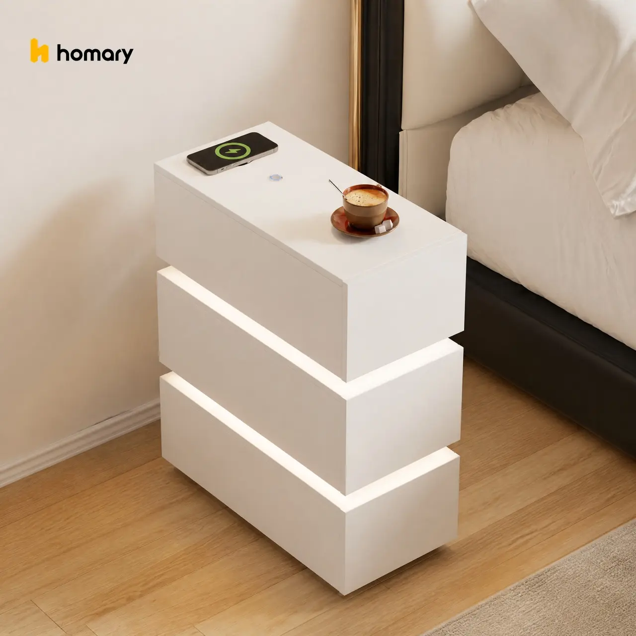 Homary Lumio White Rectangle 3-Drawer Narrow LED Bedroom Nightstand with Charging Hub - Slim Bedside Fit, Slim Space Saver Furniture for Small Spaces, Assembly Required, Apartment Decor Ideas