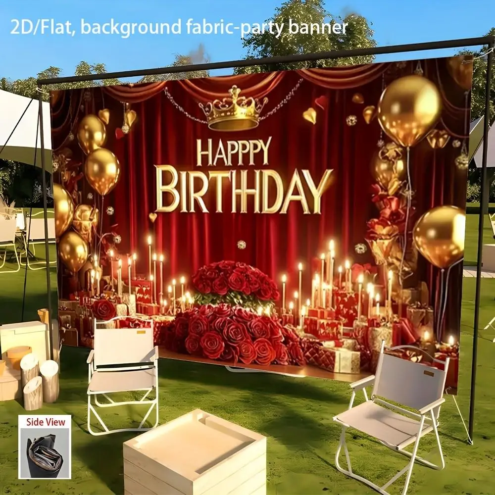 2D Flat Golden Birthday Party Banner, Polyester Wall Hanging Backdrop with Balloons, Candles, Elegant Red-Golden Decoration for 1st Birthday, No-Power Indoor-Outdoor Home Festive Supplies, First Birthday