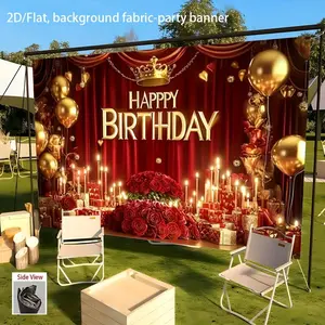 2D Flat Golden Birthday Party Banner with Balloons and Candles Elegant Red and Golden Decor for Celebrations Weddings and Home Decor Polyester Fabric No Power Needed Birthday Party Decorations Ornaments