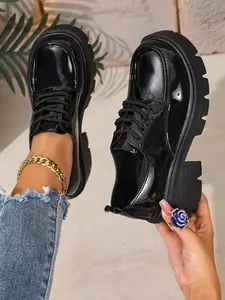New Thick Sole Platform Shoes for Women, Lace-Up Closed British Style Small Leather Shoes, Height Increasing Gear Bottom Rubber Versatile Single Shoes