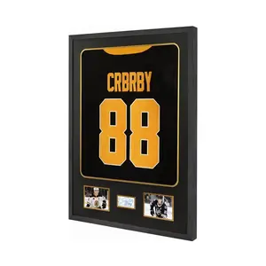 Jersey Display Frame Case with Mat, Large Sport Jersey Shadow Box with Tempered Real Glass and Hanger for Baseball Basketball Football Soccer Hockey Shirt and Uniform, Two 4x6 Photos, Black