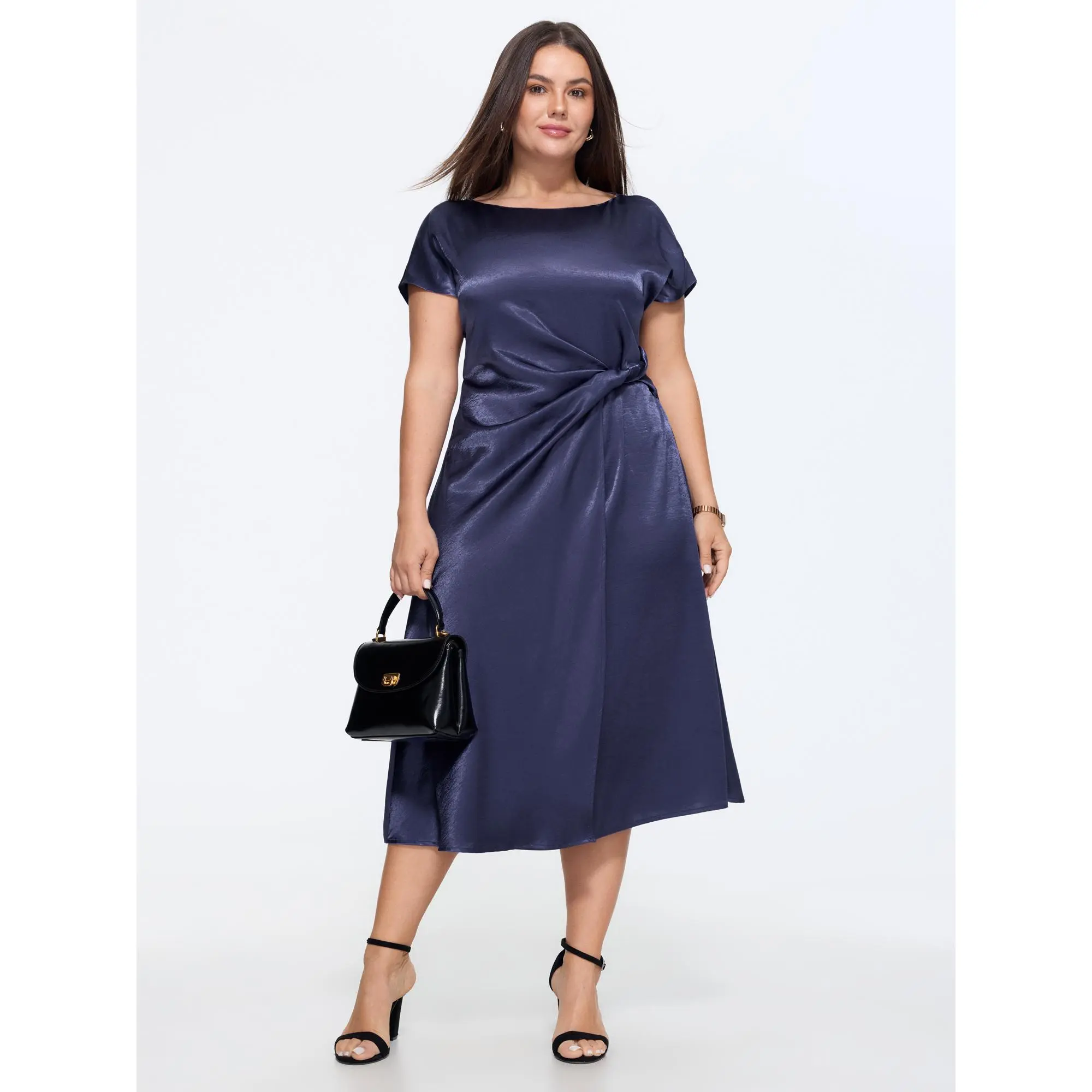 BloomChic Plus Size Satin Wrap Midi Dress with Draped Waist, Smooth Polyester Office Style, Ruffle Short Sleeves, Garment, Casual, Fabric, Fit, Low Iron, Women, Basic, Casual Wear, Lady, Curvy Dresses Plus Size, Do Not Tumble Dry