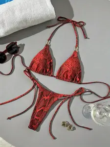Red Snake Print Triangle Bikini Set, Bikini Swim Top, Triangle Bikini Bottoms, Sexy Tie-Side Thong Bottom, Women's Two-Piece Swimsuit for Summer Beach Vacation