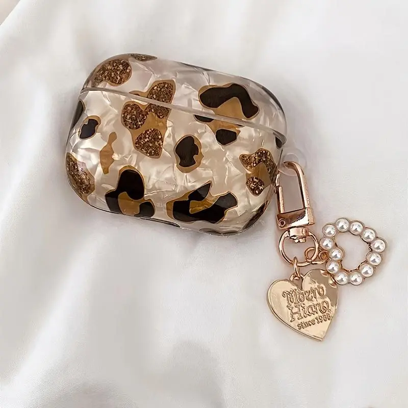 Fashion Leopard Print Earphone Case With Pearl Heart Chain Pendant, Shockproof Earbud Protective Cover Accessories Compatible with AirPods 5/4, AirPods Pro3/Pro2/Pro, AirPods 1/2