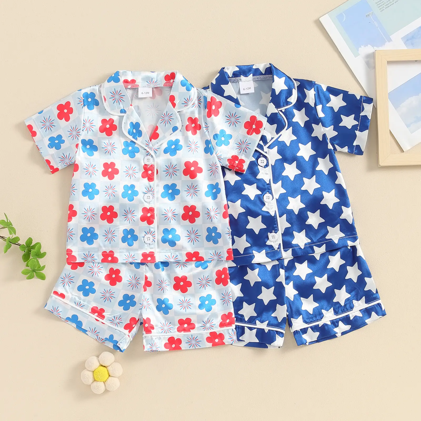 Toddler-Sized Baby Unisex 2-Piece Sleepwear Set, Baby-Safe Star/Flower Print Short-Sleeve Shirt + Shorts, Summer Pajamas for Boys & Girls, Baby-Safe Unisex Sleepwear, Toddler-Sized Unisex Sleepwear