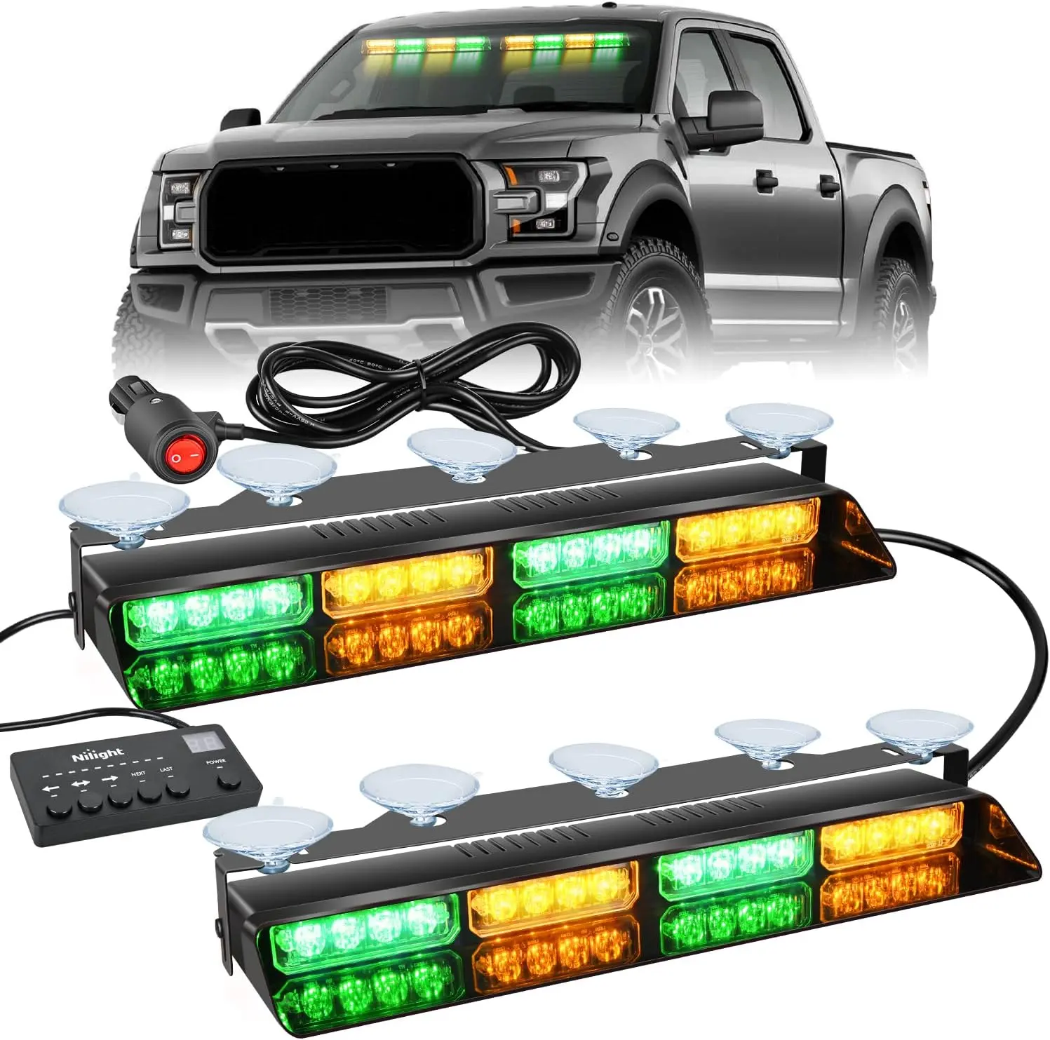 Nilight 32pcs Amber Green LED Dash Light Bar - Strobe Light Module, Controller, Suction Cups, Steady On Mode, Interior Front/Rear Windshield Deck Split Mount for Construction Vehicles, Semi Trucks, Light Bars