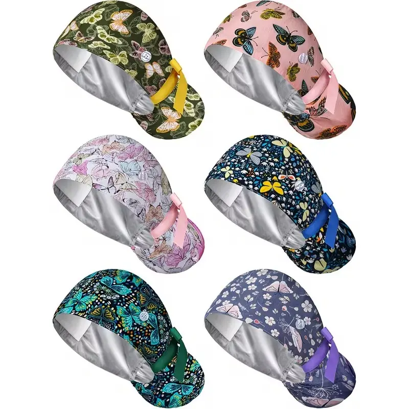 6 Pcs Satin Lined Scrub Caps Women Nurse Surgical Hat with Buttons Ponytail Working Adjustable Shower Caps Tie Back