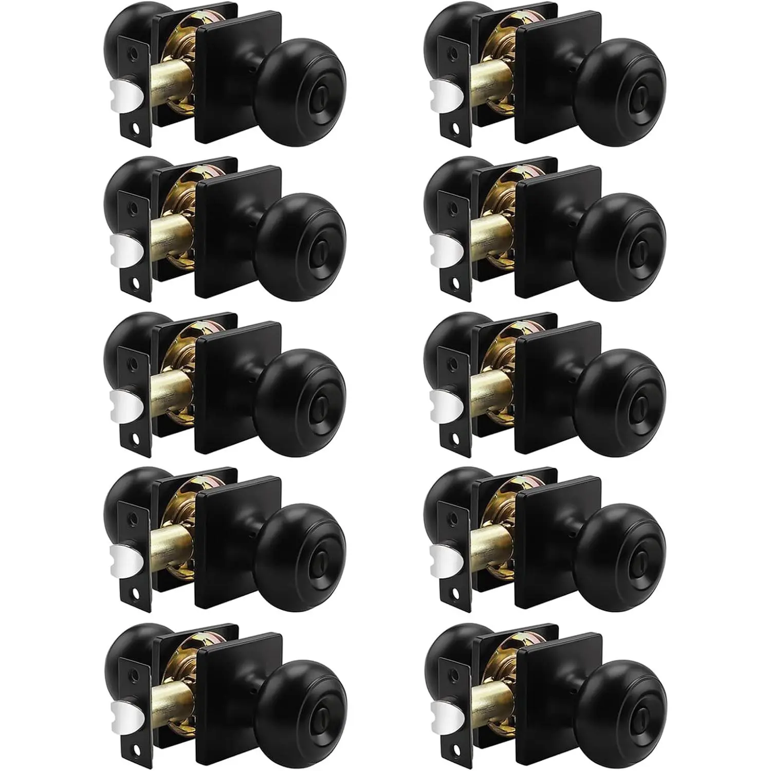 Colonial  Door Knobs with Square Rosette, Black Interior Bath/Bed Door Locks, 10 Pack