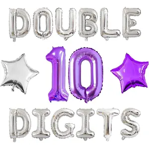 1Set Double Digits 10th Birthday Decorations for Girls Purple Sliver Double Digits Banner Purple Sliver Gold Star Foil Balloons Number 10 Foil Balloon for Girls 10th Birthday Party Decor Supplies