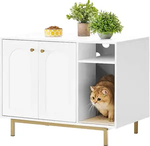 Cat Litter Box Enclosure Enclosed, Hidden Litter Box Cabinet Furniture with Storage, Wooden Indoor Cat House Large, Modern End Table for Living Room Entryway, White and Gold 01503GCLB Hzuaneri