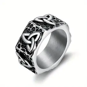 Hip Hop Punk Motorcycle Style Irish Celtic Knot Pattern Geometric Stainless Steel Men's Ring Accessory