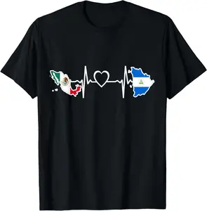 Mexico Nicaragua Flag - Mexican Nicaraguan HeartBeat Graphic Print Shortsleeve Cotton T-Shirt