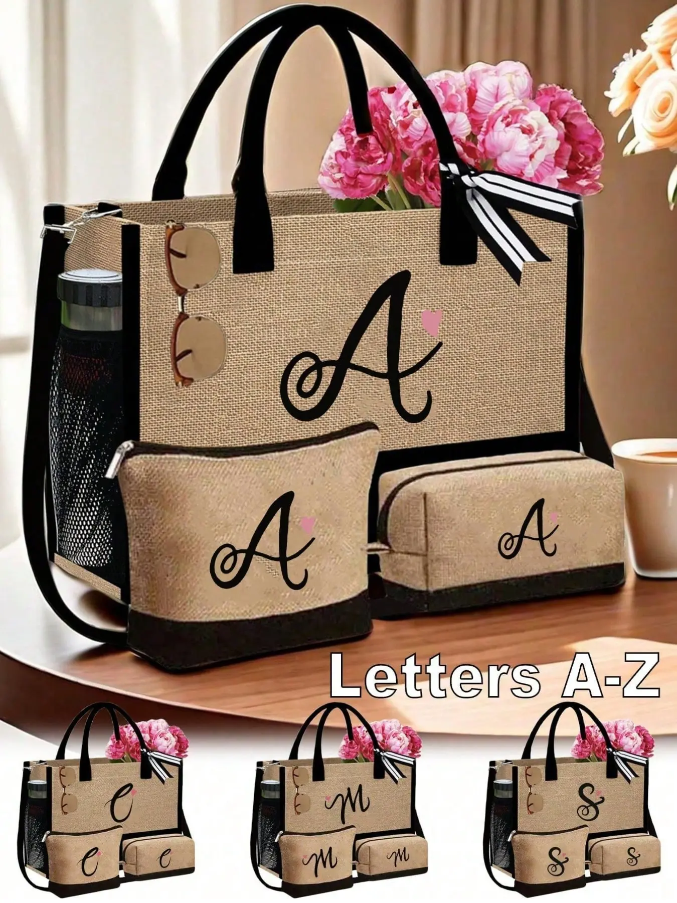 Canvas Letter Tote Bag with Cosmetic Case, Wash Bag, Wallet, Personalized Gift Bag, Versatile Tote Bag, Shoulder Bag for Women, Perfect for Weddings, Birthdays, Beach Trips, Vacations, Shoulder Totes, Monogram Tote Bags, Casual Purse