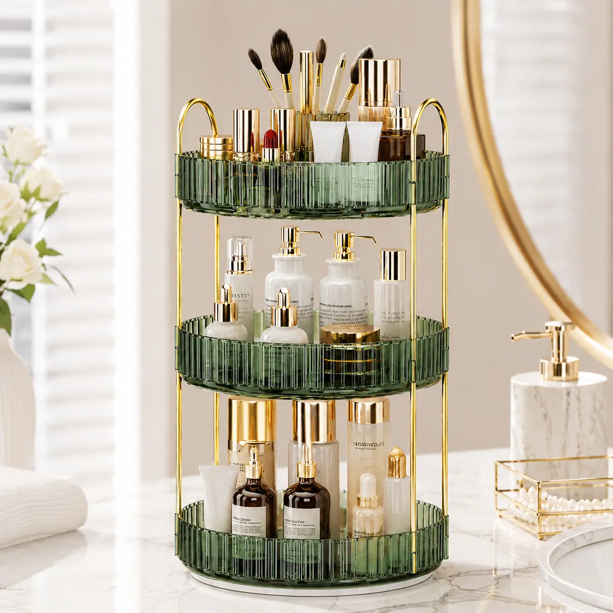 360° Spinning Makeup Organizer for Vanity | 3 Tier Modern Metal & Clear PET Skincare Storage Tower | Large Capacity Bathroom Countertop Cosmetic Lazy Susan | Birthday Gift for Women