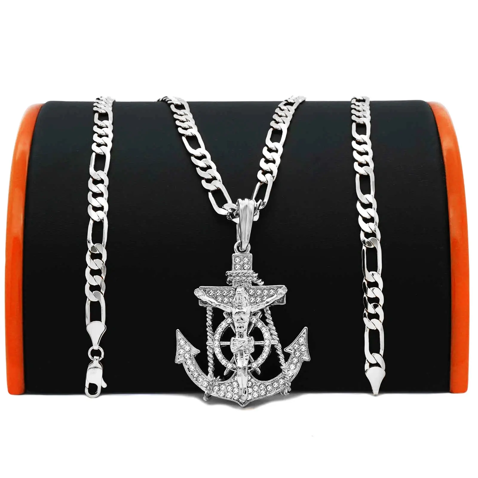 Jesus Anchor CZ Pendant & 925 Stamped & 5mm 20" 24" Sterling Silver Plated Brass Figaro Chain Hip Hop Necklace Fashion Jewelry, Miami Cuban Chain, Hip Hop Style